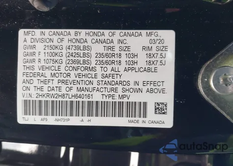 2020 Honda Cr-V Awd Ex-L from USA, damaged, VIN 2HKRW2H87LH640161